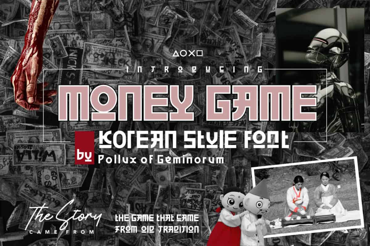 Money Game faux-Hangul style font for Korean food packaging and movie title branding